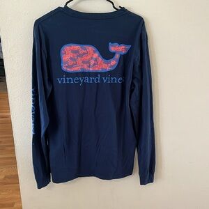 Vineyard Vines Mens Tarpon Palm Whale Fill  L/S Pocket T-Shirt Blue Sz Med